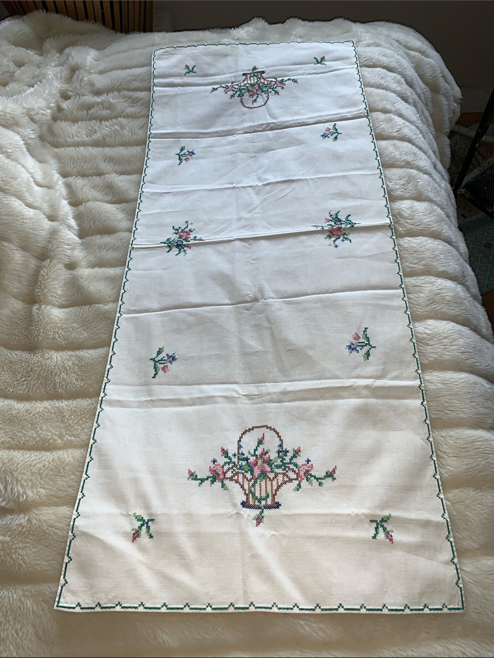 Vintage needlepoint Victorian table runner for dresser